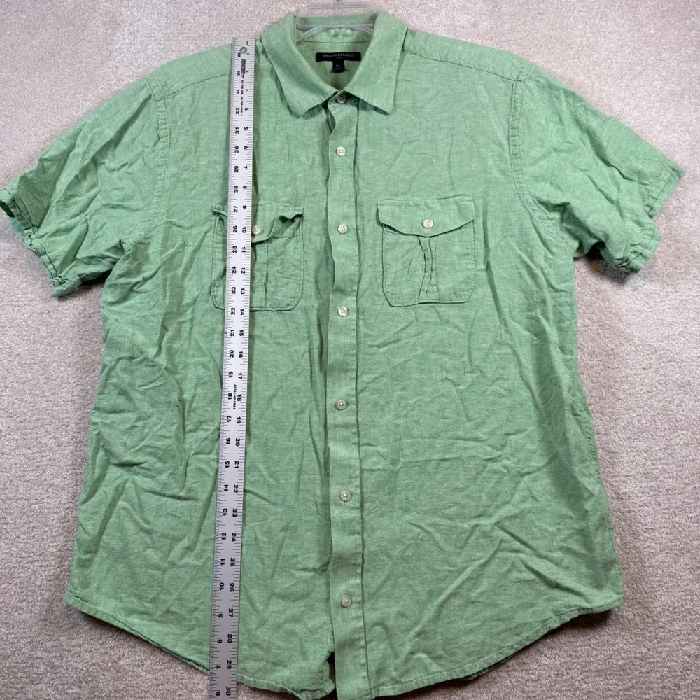 Banana Republic Button Down Mens XL Green Linen Blend Short Sleeve Utility Shirt